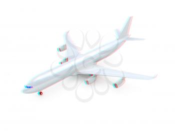 White airplane on a white background. 3D illustration. Anaglyph. View with red/cyan glasses to see in 3D.