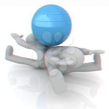 3d man exercising position on fitness ball. My biggest pilates series. 3D illustration. Anaglyph. View with red/cyan glasses to see in 3D.