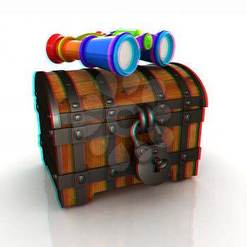 binoculars and chest. 3D illustration. Anaglyph. View with red/cyan glasses to see in 3D.