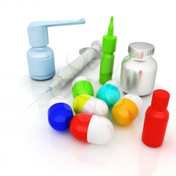 Syringe, tablet, pill jar. 3D illustration