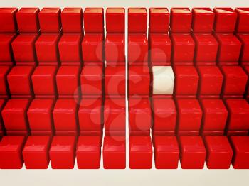 One individuality white cube among the red cubes isolated on white background. 3D illustration. Vintage style.