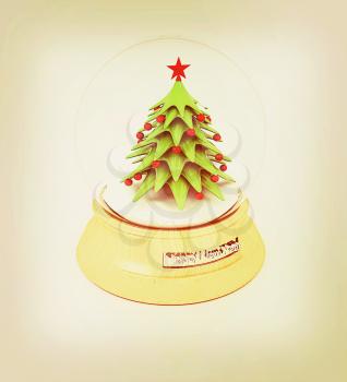 Christmas Snow globe with the falling snow and christmas tree on a white background. 3D illustration. Vintage style.