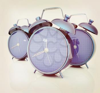 3d illustration of glossy alarm clocks against white background . 3D illustration. Vintage style.