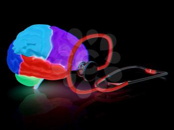 stethoscope and brain. 3d illustration. Anaglyph. View with red/cyan glasses to see in 3D.