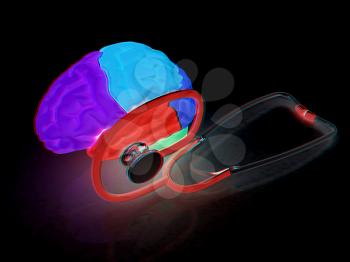 stethoscope and brain. 3d illustration. Anaglyph. View with red/cyan glasses to see in 3D.