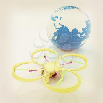 Quadrocopter Drone with Earth Globe and remote controller on a white background. 3d illustration