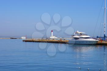 Motor boat over harbor pier, Odessa, Ukraine 
