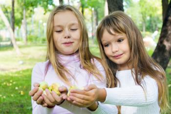 Photo of two girls with apples in summer