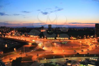 Panorama of night town from bird flight