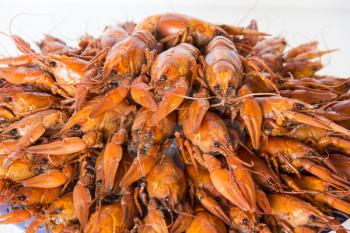 Photo of red boiled crawfishes on the dish

