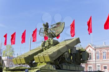 Radar of military machine at the exhibition under open sky