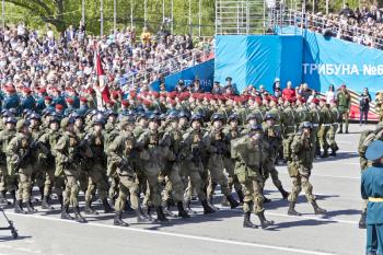 Samara, Russia - May 9, 2017: Russian soldiers march at the parade on annual Victory Day
