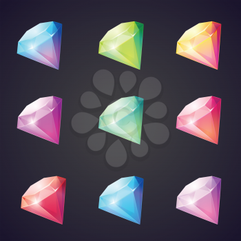 Cartoon image of gems and diamonds of different colors on a black background for computer games.