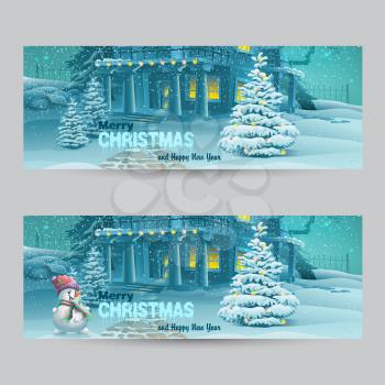 Set of horizontal banners with Christmas and New Year with the image of a snowy night with a snowman and Christmas trees