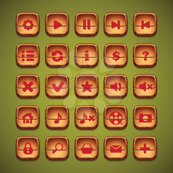 A set of wooden cartoon buttons for the user interface of computer games and web design