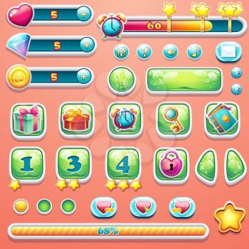 A large set of progress bars, buttons, boosters, icons for user interface design of computer games.