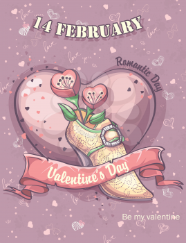 Greeting card for Valentine's Day with hearts, flowers and shoes