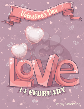 Greeting card for Valentine's Day with the word love and balloons