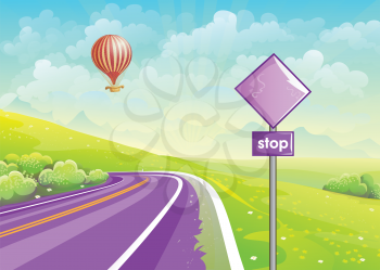 Summer illustration with highway, meadows and a balloon in the sky.. Set 2.