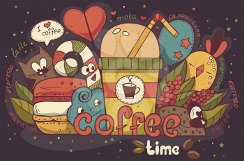 Illustration with funny characters drawn manually on the coffee theme Doodle