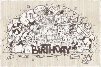 Illustration in retro style of hand-drawn doodles on a theme birthday