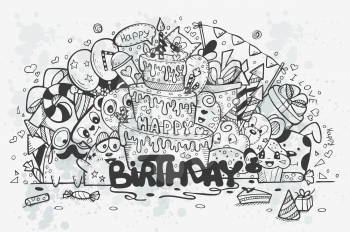 Vector illustration of a hand-drawn doodles on a theme birthday. Birthday cake, rocket gifts and cartoon characters. Black contour