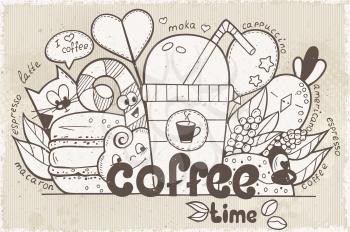Illustration vector doodles with funny characters on the theme of the coffee in retro style