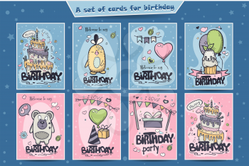 A large set of greeting cards for birthday of colored doodles