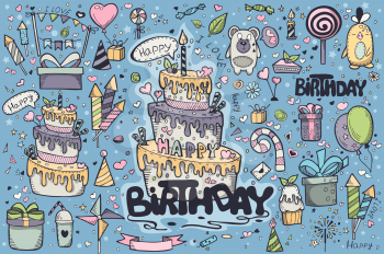 Big set of colored doodles drawn by hand for bitrhday party