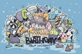 Greeting card for birthday party with doodles
