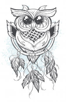 Dreamcatcher vector illustration with owl feathers