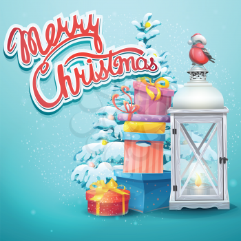 Illustration with Christmas tree, gifts, flashlight, bullfinch