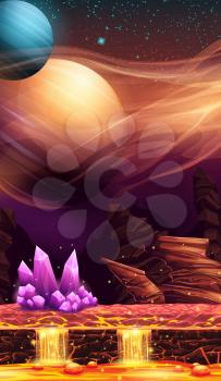 Illustration of fantastic landscape of red planet with purple crystals for game design