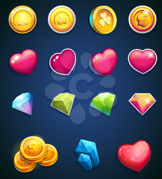 Vector illustration set different icons on blue background. Coins, hearts, jewels for web mobile computer games.