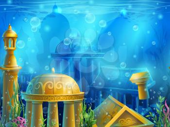 Atlantis. Seamless submerged underwater city, the gold ancient ruins of eastern. For newspapers, magazines, web design, websites, printing, video or web game.