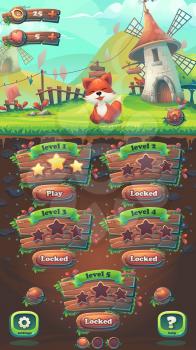 Feed the fox GUI match 3 level map window - cartoon stylized vector illustration mobile format  with options buttons, game items.