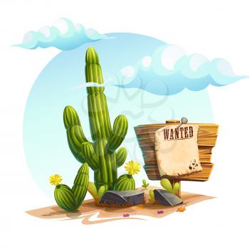 Vector cartoon illustration of a cactus, stones and a sign Wanted under the clouds. Background image for video web game user interface