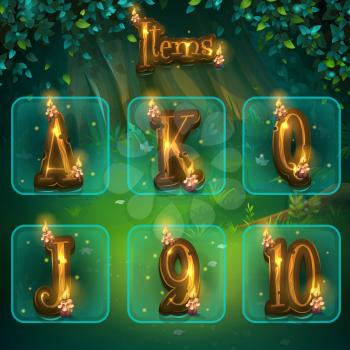 Set of different letters for game user interface. Vector illustration screen to the computer game Shadowy forest GUI. Background image to create buttons, banners, graphics.