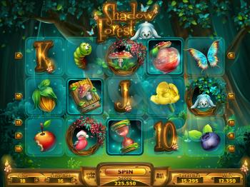 Playing field slots game for game user interface. Vector illustration screen to the computer game Shadowy forest GUI. Background image to create buttons, banners, graphics.