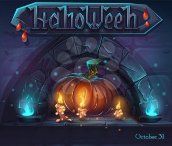 Halloween background - cartoon stylized vector illustration pumpkin and candles witn a drop of blood
