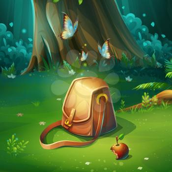 Vector cartoon illustration of background forest glade with bag. Bright wood with hares, butterflies, apple, travel bag. For design game, websites and mobile phones, printing.