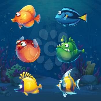 Set of cartoon funny fish in underwater world background. Marine Life Landscape with different inhabitants. For design websites and mobile phones, printing.
