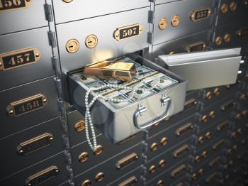 Open safe deposit box with money, jewels and golden ingot. 3d illustration