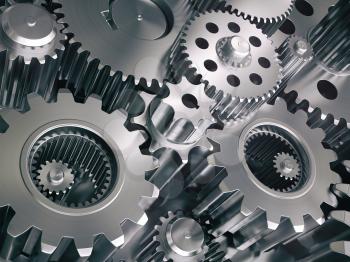 Engine gears wheels and cogwheels. Industrial background. 3d illustration