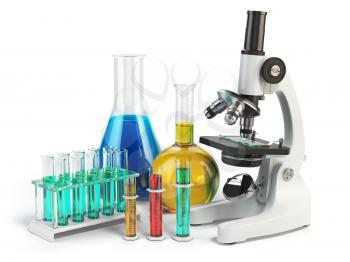 Microscope with flasks and vials. Chemistry labratory tools. 3d illustration