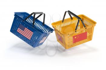 USA China  market conflict.  Economic trade war concept.Two opposing shopping baskets with USA and China flags., 3d illustration