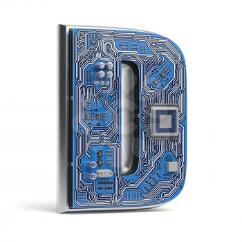 Letter D.  Alphabet in circuit board style. Digital hi-tech letter isolated on white. 3d illustration