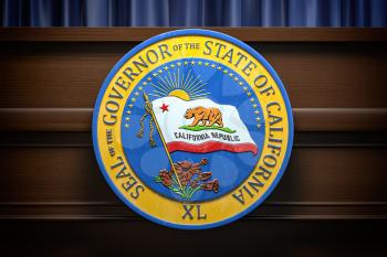 Seal of the governor of the State of California on the tribune, Press conference of governor concept. 3d illustration