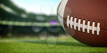 American football ball on grass of football arena, 3d illustration 