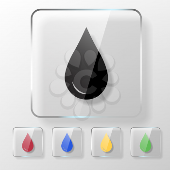 Water, oil or blood drop icon on a transparent glossy square. Save environment or donate blood concept.
